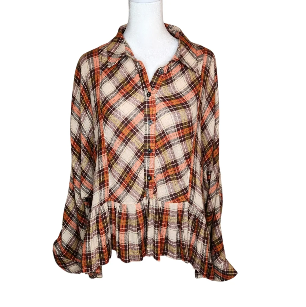 Free People Promise Everything Plaid Wool Blend Cropped Ruffle Top Size Medium